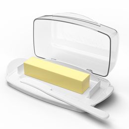 Butter Dish with Countertop Lid, Durable Plastic Butter Container with Spreader Knife, Cute Handle and Flip Lid Design for Easy Access, Non-Slip Bottom white