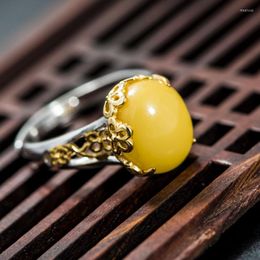 Cluster Rings Retro Silver Jewelry S925 Sterling Cloisonne Hollow Flowers Empty Natural Beeswax Gems Ring Manufacturers Wholesale