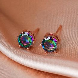 6MM Round Small Stone Rainbow Zircon Stud Earrings For Women Vintage Fashion Crystal Rose Gold Black Gold Silver Colour Earrings292J