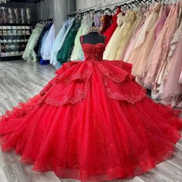 Red Shiny Quinceanera Dresses Sleeveless Crystal Sequined Ball Gown Off The Shoulder Applique Lace Corset Vestidos Para XV Anos 15 de