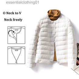 Women's Down Parkas Womens Winter Coat 2022 Solid Lightweight Down Jacket Women Button Short Round Neck V-neck Casual White Puffer Jacket L231129