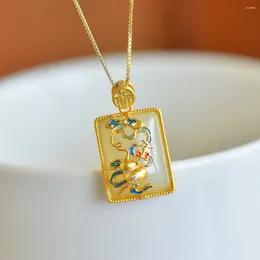 Chains Hetian Jade White Drum Surface Square Plate Pendant S925 Silver Inlay Natural Retro Personality Dazzling Gourd Women's