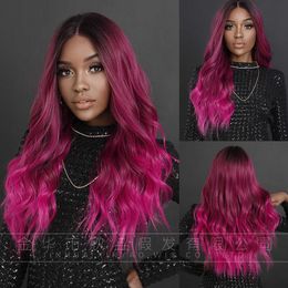 Synthetic Wigs Front Lace Wig Head Set with Medium Length Hair and Large Wave Rose Powder Gradient Synthetic Fiber Hand Woven Matte High-temperature Silk Wig