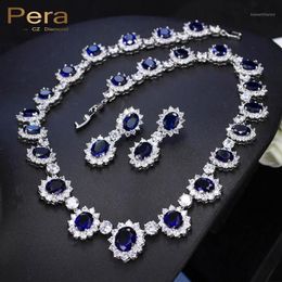 Pera CZ Big Round Cubic Zirconia Bridal Wedding Royal Blue Stone Necklace And Earrings Jewelry Sets For Brides J1261251D