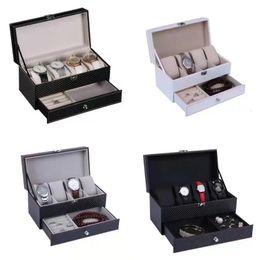 Watch Boxes Cases 4Grids Double Carbon Fibre Watch Case/ 6Girds Watch Box Holder Organiser Storage Box for Quartz Jewellery Boxes Display Gift 231128
