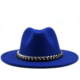 Autumn Winter Solid Color Wide Brim Wool Felt Fedora Hat with Golden Chain Women Men Jazz Party Formal Cap Black Green