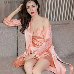 Women's Sleep Lounge 100% Silk Nightgown Robe Set Pure Silk Pajamas Wedding Robe Set Woman 2 Pieces Silk Sleeping Dress Bathrobe Fe Nightdress L231129