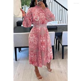 Casual Dresses Women Long Lantern Sleeve O Neck High Waist Corset Bohemian Dress Elegant Fashion Print Loose Pleated