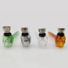 Cool Colourful Thick Glass Skulls Style Pipes Dry Herb Tobacco Philtre Metal Silver Screen Bowl Portable Innovative Handpipes Hand Smoking Cigarette Holder Tube DHL