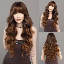 Synthetic Wigs Wig Women's Head Set with Straight Bangs Long Curly Hair Korean Style Large Wave Brown Gold Gradient Highlight Wigs