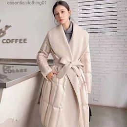 Women's Down Parkas Women 90% White Duck Down Jacket Winter 2023 New Korean Fashion Long Large Turn Down Collar Wool Splicing Belt Coat Warm Outwear L231129