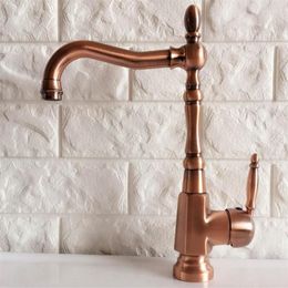 Kitchen Faucets Antique Red Copper Brass Bathroom Basin Sink Faucet Mixer Tap Swivel Spout Single Handle One Hole Deck Mounted Mnf2177