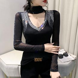 Women's T Shirts Black Blue Purple Mesh Shirt Women Diamonds Hollow Out Sexy Turtleneck T-Shirt Office Tight Tshirt Female Thin Elastic