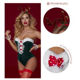 Sexy Set Erotic Underwear for Women Christmas Porno Lingerie Corset Suit Sexy Bodysuit Lady Cute Elk Headdress Green Uniform 231128