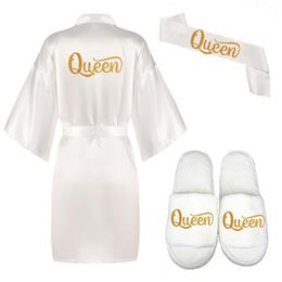 3pc set glitter gold Queen robe bride satin robe women white kimono pajamas bridal party kimono wedding queen bride robes 210831244a