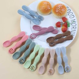 Cups Dishes Utensils 2Pcs Baby Spoon Fork Set Food Grade Silicone Sticky Spoon Children Tableware Meal Soup Spoon Kids Cutlery Toddler Training Spoon P230314