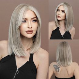 Synthetic Wigs Light Gold Beige Highlight Dyed Short Straight Hair Hand Woven Small t Lace Wig Bob Lace Front Wigs