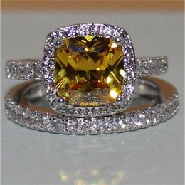 Fashion 3ct Princess-cut yellow Topaz gemstone Rings set 2-in-1 Diamond Jewelry 925 Sterling Silver Engagement Wedding Band Ring F221f
