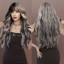 Synthetic Wigs Sier Highlights Ash Wig Synthetic Long Wavey Wig with Bangs