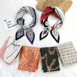 Scarves Korean Women's Small Silk Square Scarf Print Crinkle Hair Scarfs Ladies Pleated Twill Stretchy Scarves Foulard Neckerchief 70cm J230428