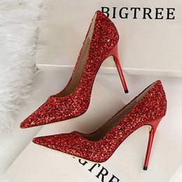 Sandals Women Pumps Fashion High Heels Wedding Party Bling Women Heels Glitter Female Pumps Shoes Woman Red Gold Sliver Stiletto 92191 J230428