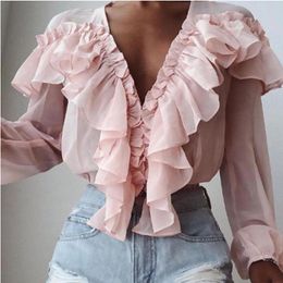 Women's Blouses & Shirts Made In China Women Chiffon Solid Colour V-Neck Ruffle Trim Blouse Casual Long Sleeve Loose Top