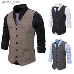 Men's Vests Men's Wool Tweed Slim Fit Leisure Cotton Vest Gentleman Herringbone Business Brown Waistcoat For Wedding Groom Q231129