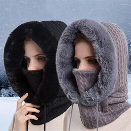 Bandanas 1Pc Winter Women Knitted Fur Cap Mask Set Hooded Warm Cashmere Neck Warmer Outdoor Ski Cycling Windproof Hat Beanies