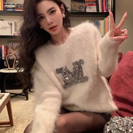 New design women's gem rhinestone luxury design logo mohair wool knitted thick sweater jumpers SMLXLXXL