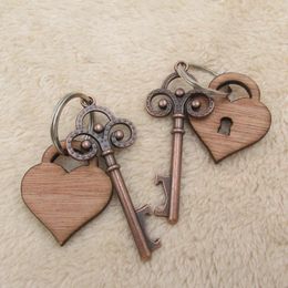 Keychains Wooden Engraved Key And Lock Shape Bottle Opener Keychain Ring Wedding Party Favours