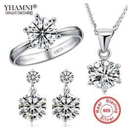 YHAMNI Fashion Real 925 Sterling Silver Ring Jewellery Sets Luxury CZ Diamond Band Wedding Bride Jewellery Sets for Women Gift R1264259S