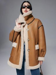 Womens Fur Faux OFTBUY Leather Doublesided Wear 100% Wool Weave Content Jacket Women Autumn Winter Real Coat Loose Warm 231129