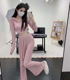 Women's Two Piece Pants 2023 Autumn Winter Casual Sports Suit Women Hooded Cardigan Short Sweater Micro-Cut High Waist Trousers Two-Piece