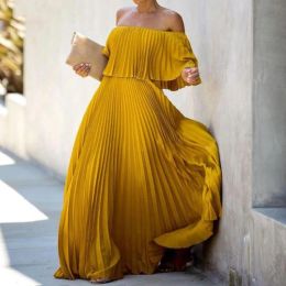 QNPQYX New Casual Dresses Fashion Lady Pleated Long Party Dress Spring Summer Sexy Strapless Maxi Elegant Ruffle Off Shoulder Women Chiffon