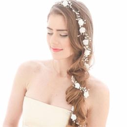 Wedding Bridal Flower Long Hair Chain Band Headband Crystal Rhinestone Crown Tiara Headpiece Jewelry Pearl Headdress Princess Quee238B