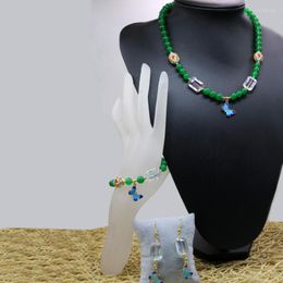 Necklace Earrings Set 8mm Natural Stone Green Chalcedony Jades Round Beads Strand Bracelets Women Elegant Jewelry 18"/7.5"B2928