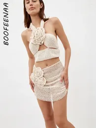 Work Dresses BOOFEENAA Crochet Two Piece Sexy Outfits Y2k Summer See Through Floral Appliques Hollow Knit Halter Top Skirt Sets C71-FD21