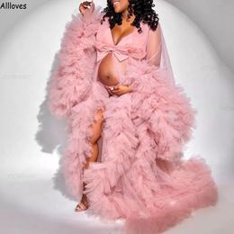 Cute Pink Evening Party Dresses Women Long Sleeves Maternity Robes Custom Made Sheer Tulle Gowns With Bow Ruffled Front Split Pregnancy Dress Photoshoot CL2200