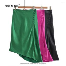 Skirts Women's Summer Silk Satin Skirt Solid Green Black Button 2023 Korean Style A Line Midi Long For Women Drop RS488