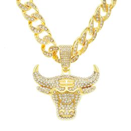 Hip Hop 3D Diamond Bull Head Pendant Cuban Large Gold Chain Cool Punk Trendy Wearing Necklace