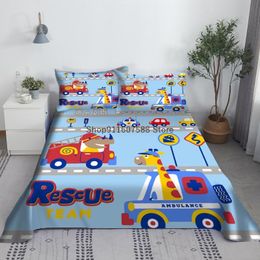 Set Cartoon Cars Tractors Bed Sheet Set 3D Printed Rescue Team Polyester Bed Flat Sheet With Pillowcase Bedding Gifts For Kids