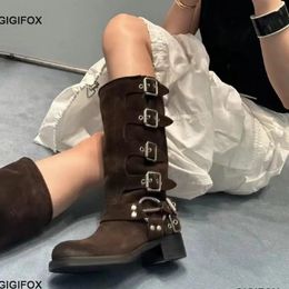 Boots GIGIFOX Platform Biker For Women Chunky Heel Buckle Vintage Fashion Motorcycle Knee High Mid Calf Shoes Leather 231128