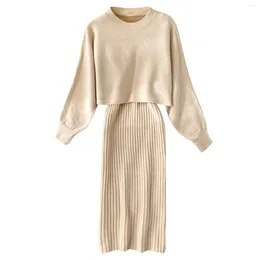 Work Dresses Women Knitted Dress Two Piece Suit Pullover Top And Bodycon Elegant Lady Jumper Midi Semi Formal Celebrity