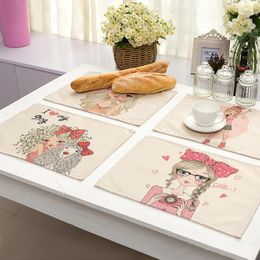 Table Mats 1Pcs Cute Cartoon Girl Cotton Linen Placemats For Pattern Kitchen Placemat Kawaii Bowl Cup Mat Home Decor Coasters