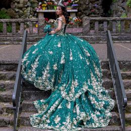 Green Shiny Quinceanera Dresses Sleeveless Sequined Ball Gown Off The Shoulder Gold Applique Lace Corset Vestidos Para XV 15 Anos