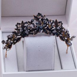 Baroque Handmade Black Crystal Beads Bridal Tiaras Crown Rhinestone Diadem Pageant Veil Tiara Headbands Wedding Hair Accessories Y237a