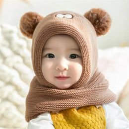 Scarves Wraps Baby Knit Short Plush inlayer Hooded Scarf Kid Hat And Scarf Child Winter Warm Protection Ear Hat Girl Boy Cute Pom Cap 231129