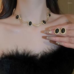 Choker Minar Vintage Oval Black Color Agate Natural Stone For Women Gold Plated Alloy Chain Strand Necklace Wholesale