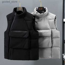 Men's Vests Fashion Design Thermal Vest Men Big Pockets Korean Male Waistcoat Stand Collar Sleeveless Jacket Gilets Padded Winter Coat Warm Q231129