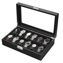 Watch Boxes Cases Watch Box 12/10/6 Slot Watch Box Organiser for Men Watch Display Case with Glass Topped for Gift Business Carbon Fibre Leather 231128